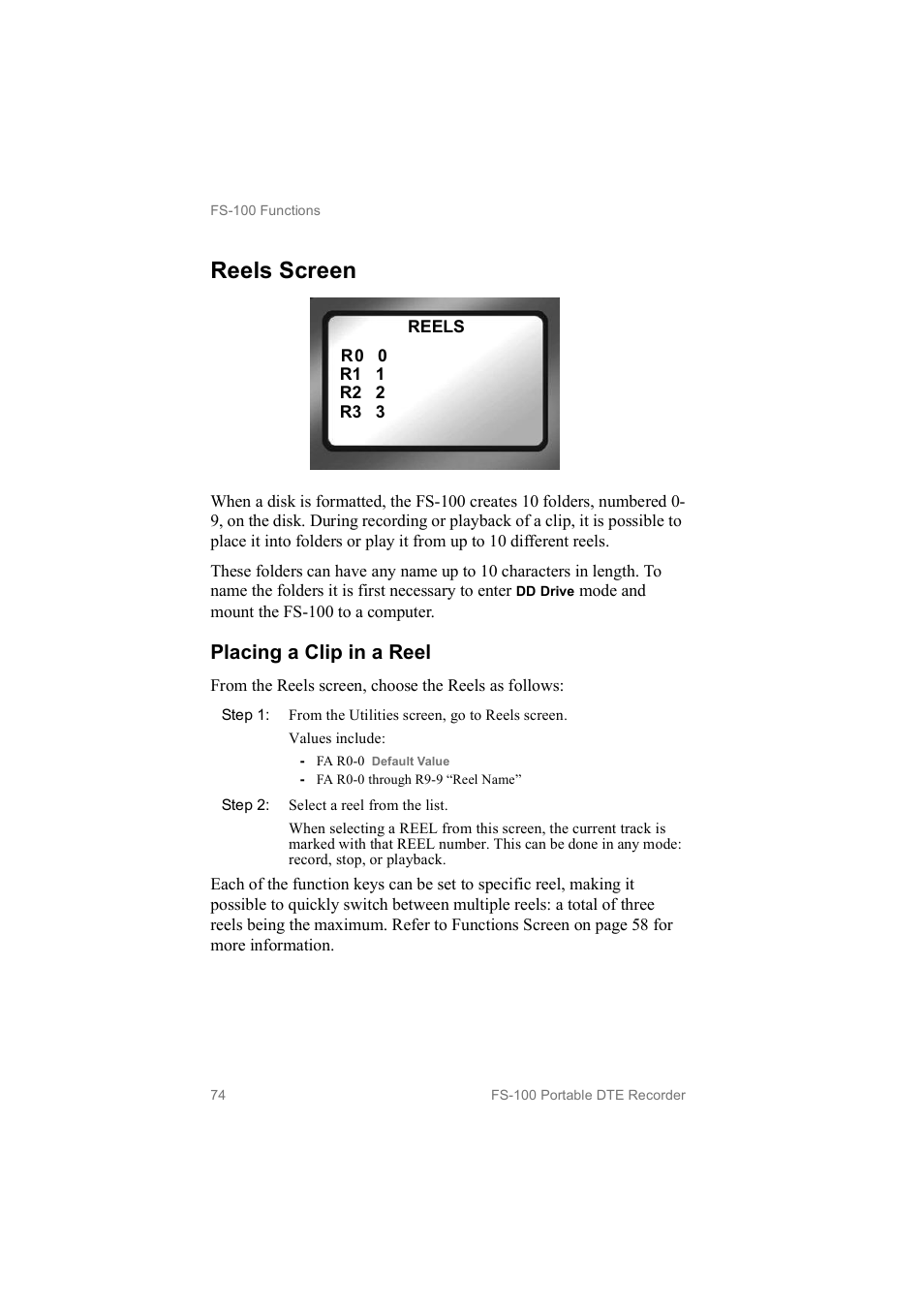 Reels screen, Placing a clip in a reel | FOCUS Enhancements MANL102306 User Manual | Page 92 / 120