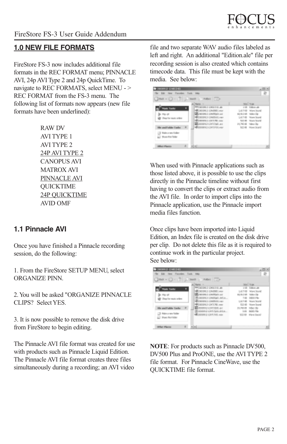 0 new file formats, 1 pinnacle avi, Firestore fs-3 user guide addendum | FOCUS Enhancements FireStore FS-3 User Manual | Page 3 / 8
