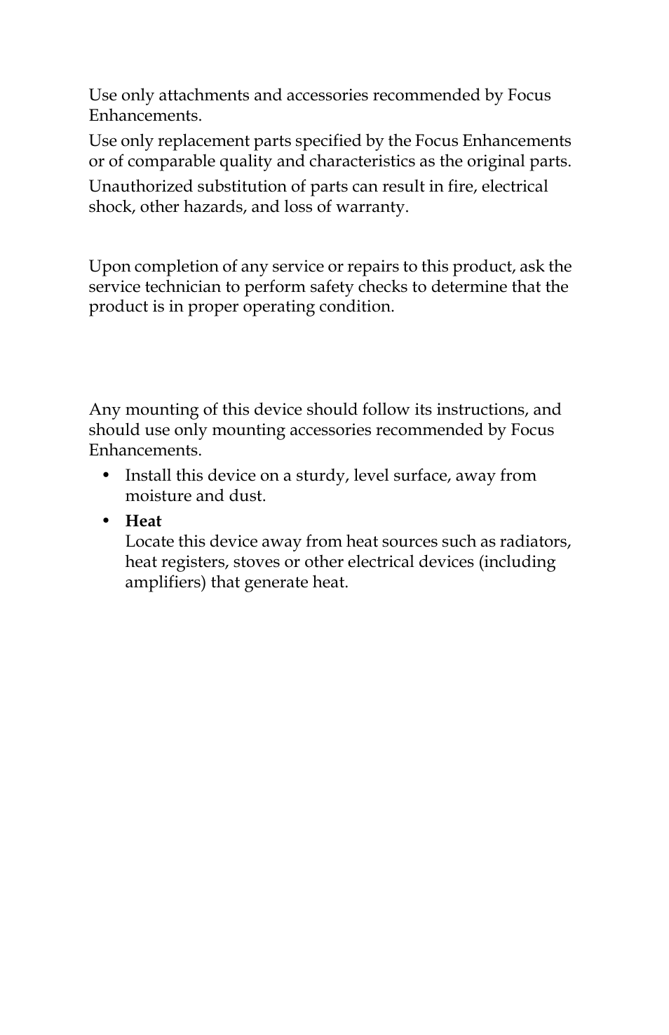 Accessories and replacement parts, Safety check, Operating environment location | Ventilation | FOCUS Enhancements FS-C User Manual | Page 10 / 122