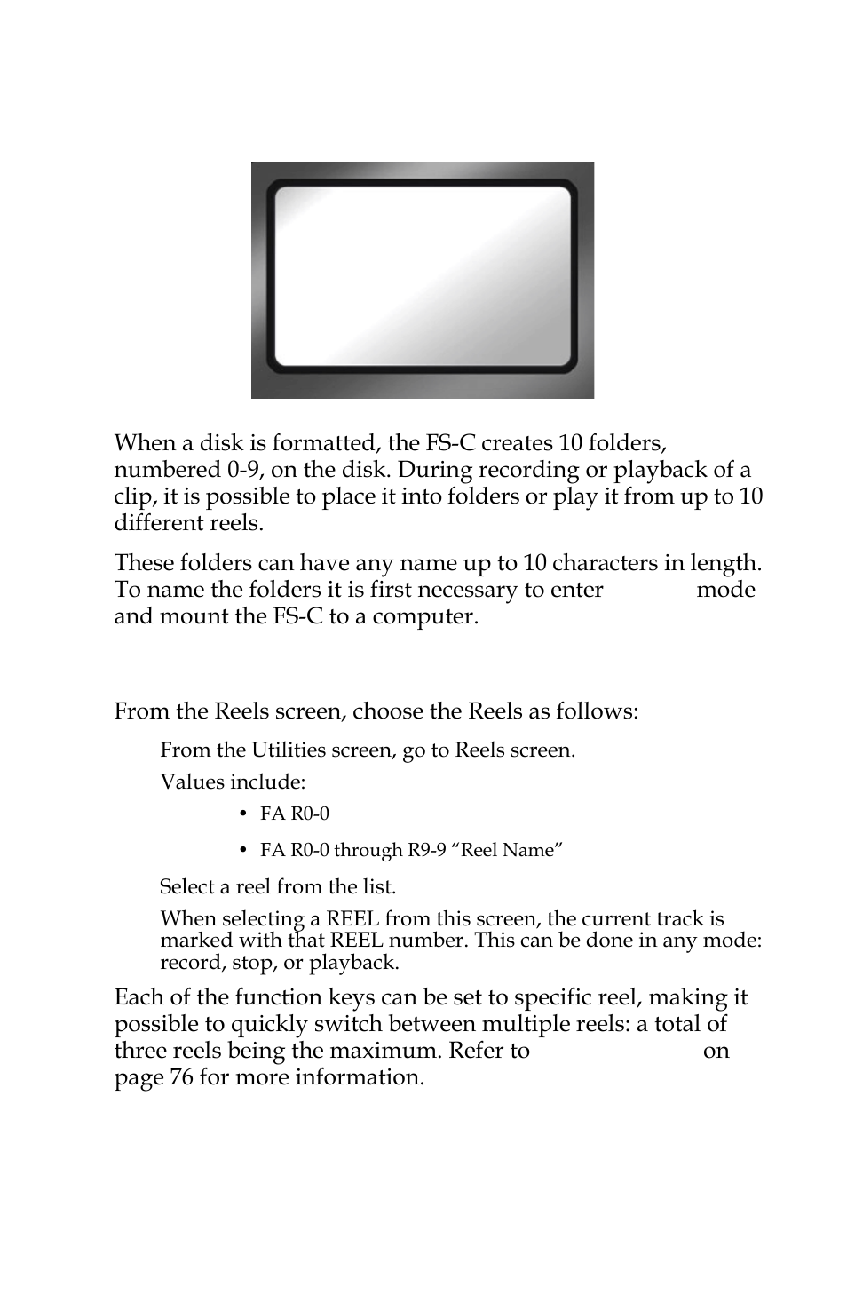 Reels screen, Placing a clip in a reel | FOCUS Enhancements FS-C User Manual | Page 109 / 122