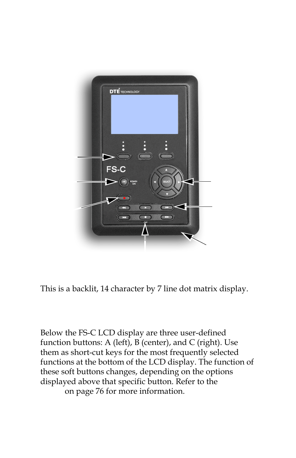 Physical description and basic controls, Front panel controls, Lcd display | Function buttons (a, b, c), Front panel controls lcd display | FOCUS Enhancements FS-C User Manual | Page 24 / 122
