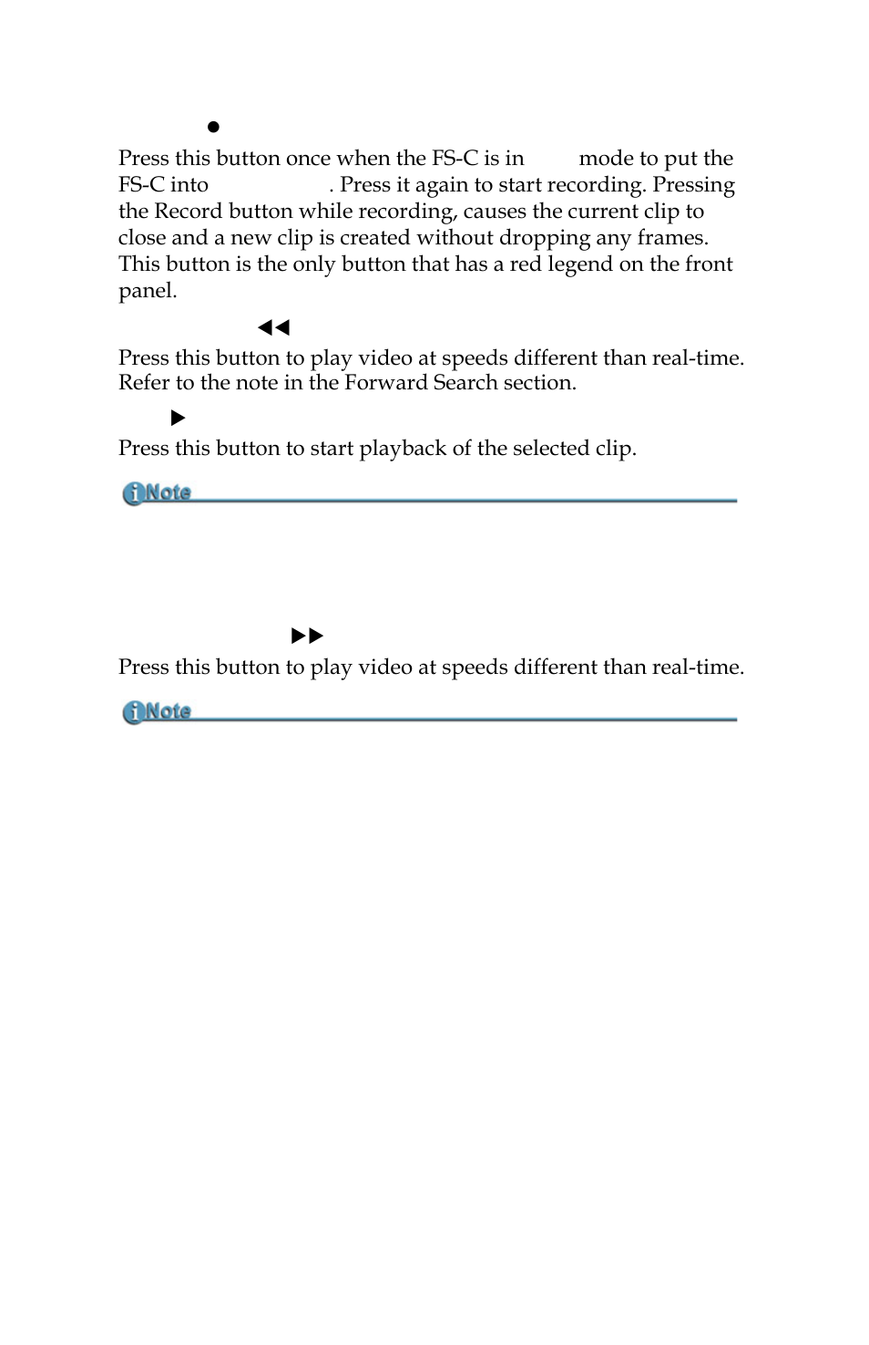 Record, Back search, Play | Forward search, Record 10 back search, Play 10 forward search | FOCUS Enhancements FS-C User Manual | Page 26 / 122
