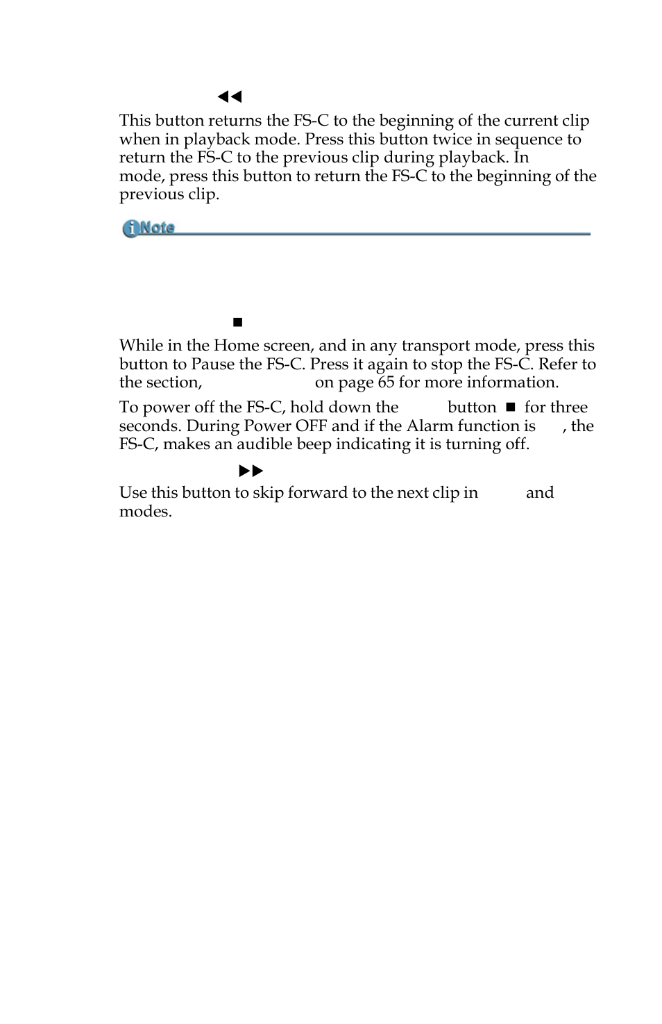 Back index, Pause, stop and power off, Forward index | FOCUS Enhancements FS-C User Manual | Page 27 / 122