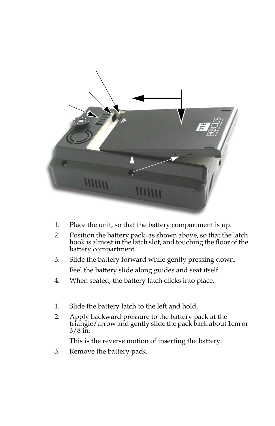 Installing / removing the battery pack, Installing a battery, Removing a battery | FOCUS Enhancements FS-C User Manual | Page 37 / 122