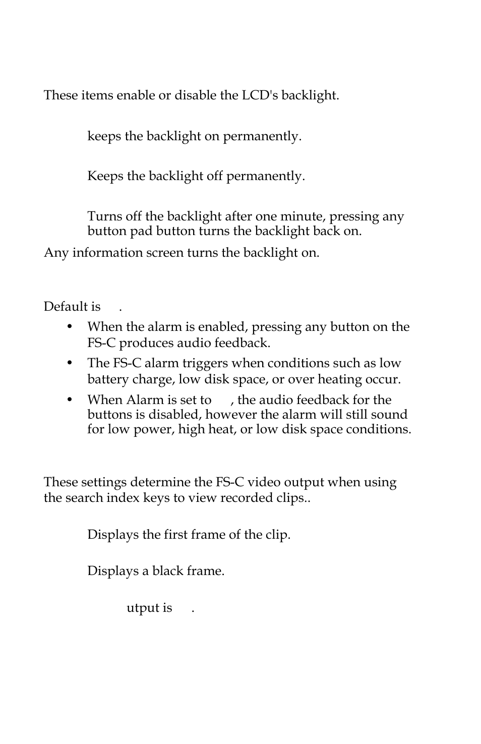 Lcd light on, off, auto, Alarm on, off, Stop frame, gray, no video | FOCUS Enhancements FS-C User Manual | Page 84 / 122