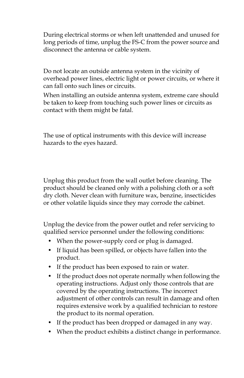 Lightning and power surges, Power lines, Optical precaution | Maintenance and moving cleaning, Servicing | FOCUS Enhancements FS-C User Manual | Page 9 / 122