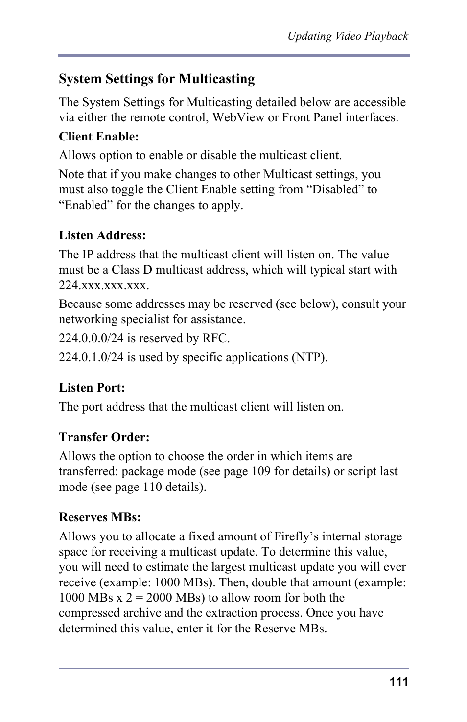 System settings for multicasting | FOCUS Enhancements 3.2 User Manual | Page 125 / 206