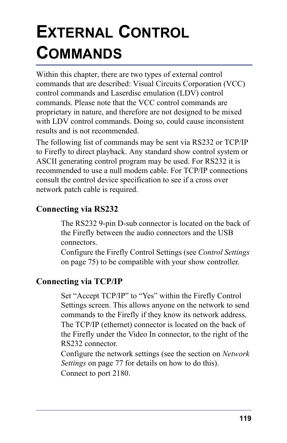 External control commands, Connecting via rs232, Connecting via tcp/ip | Connecting via rs232 connecting via tcp/ip, Xternal, Ontrol, Ommands | FOCUS Enhancements 3.2 User Manual | Page 133 / 206