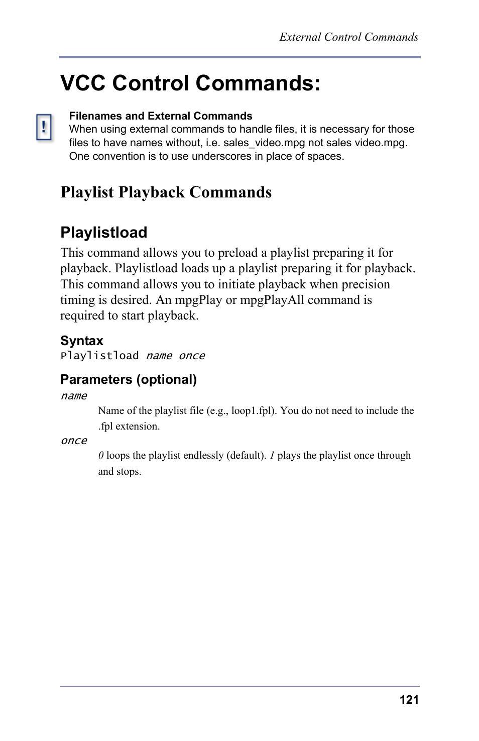 Vcc control commands, Playlist playback commands, Playlistload | FOCUS Enhancements 3.2 User Manual | Page 135 / 206