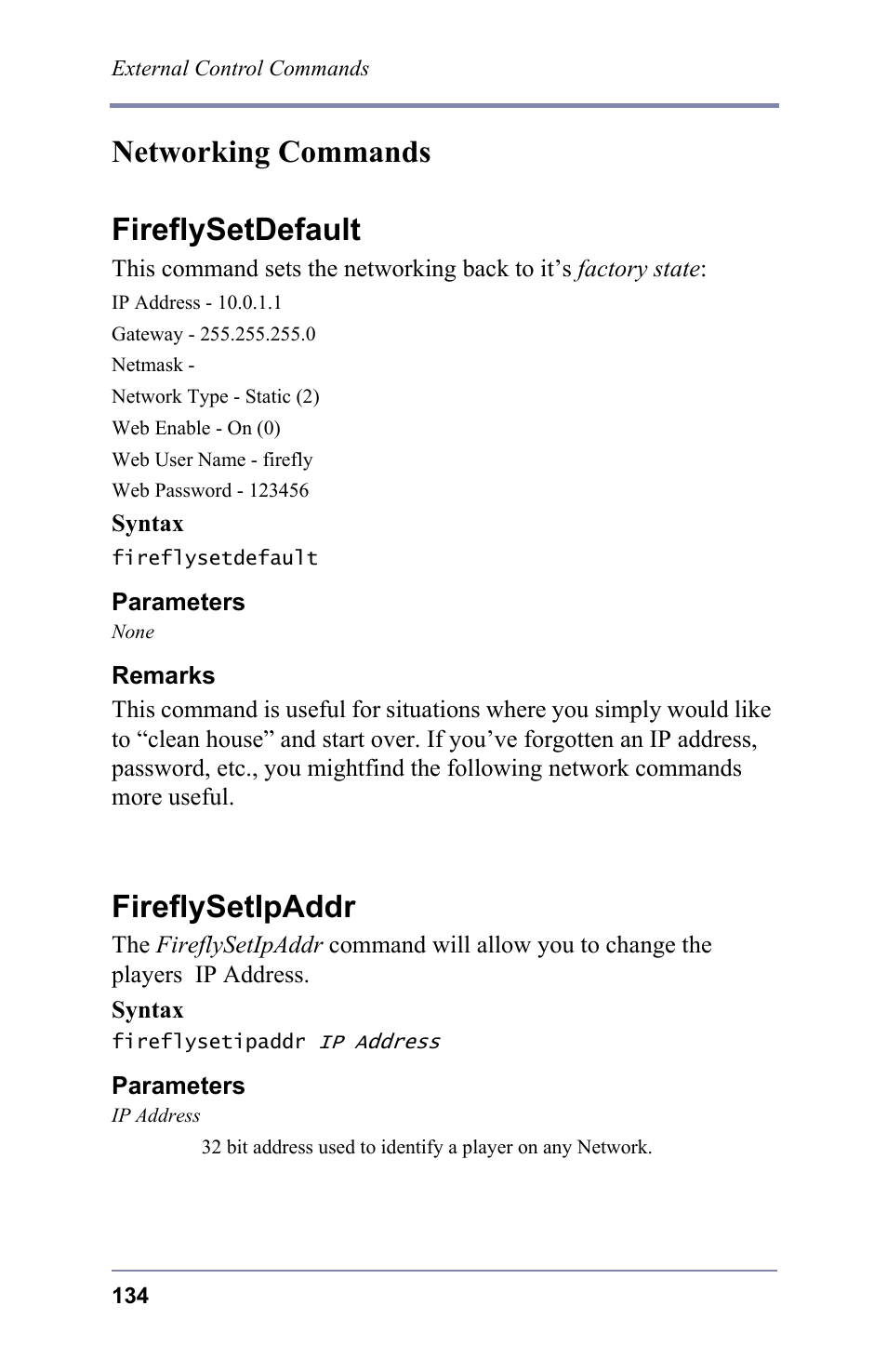 Networking commands, Networking commands fireflysetdefault, Fireflysetipaddr | FOCUS Enhancements 3.2 User Manual | Page 148 / 206