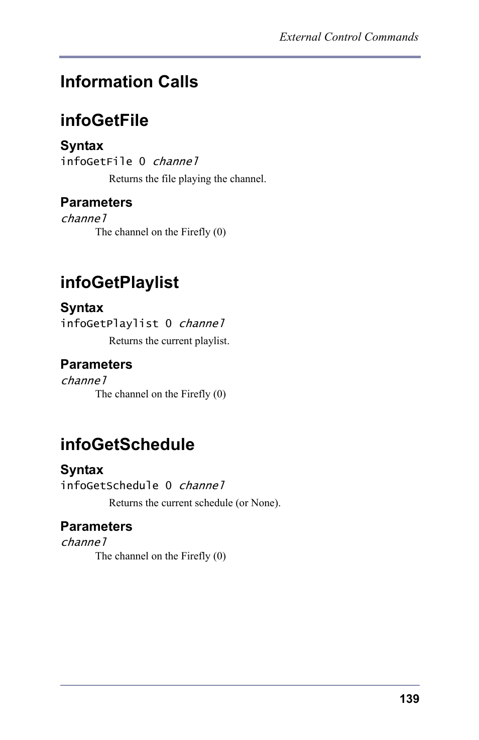 Information calls infogetfile, Infogetplaylist, Infogetschedule | FOCUS Enhancements 3.2 User Manual | Page 153 / 206