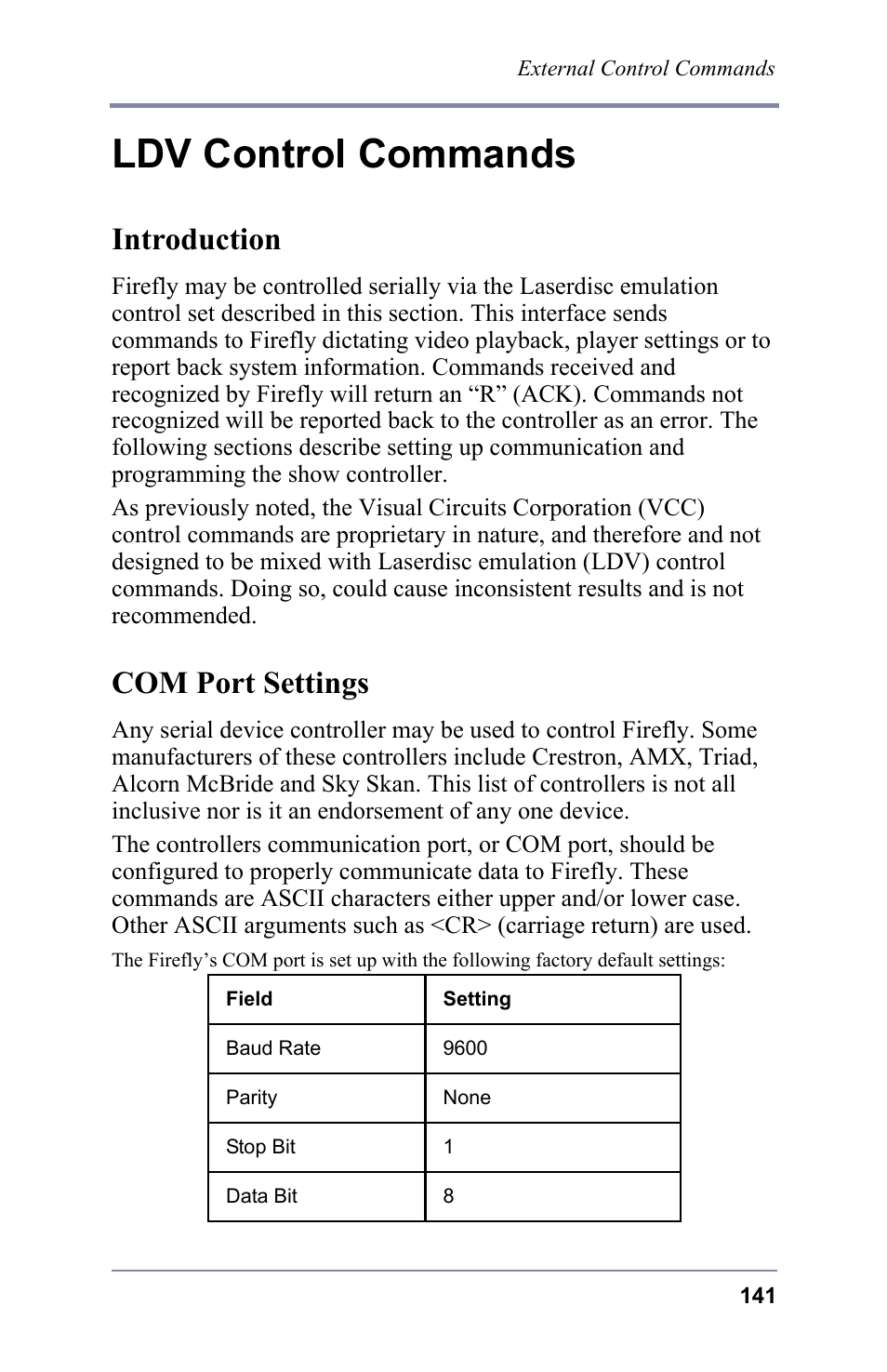 Ldv control commands, Introduction, Com port settings | Introduction com port settings | FOCUS Enhancements 3.2 User Manual | Page 155 / 206