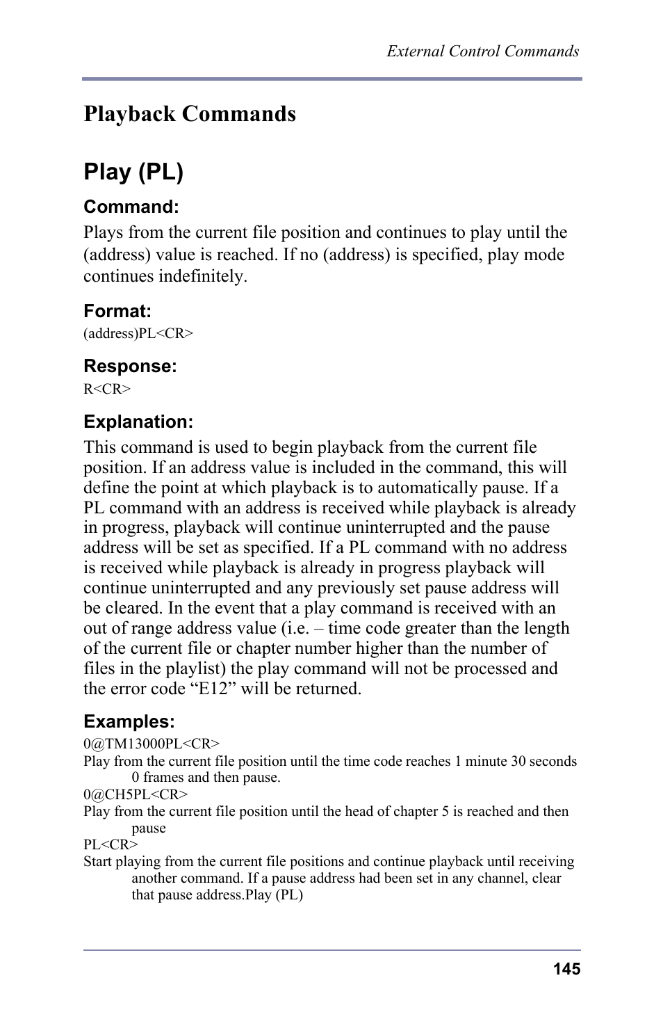 Playback commands, Playback commands play (pl) | FOCUS Enhancements 3.2 User Manual | Page 159 / 206