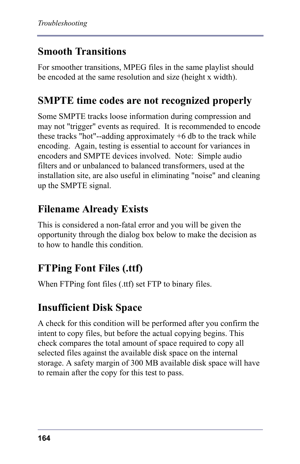 Smooth transitions, Smpte time codes are not recognized properly, Filename already exists | Ftping font files (.ttf), Insufficient disk space | FOCUS Enhancements 3.2 User Manual | Page 178 / 206