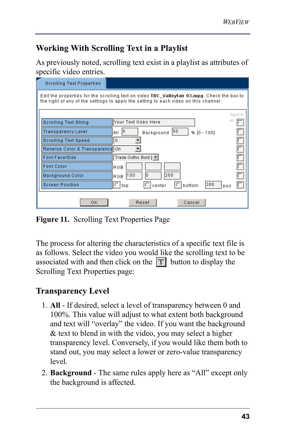 Working with scrolling text in a playlist, Transparency level | FOCUS Enhancements 3.2 User Manual | Page 57 / 206