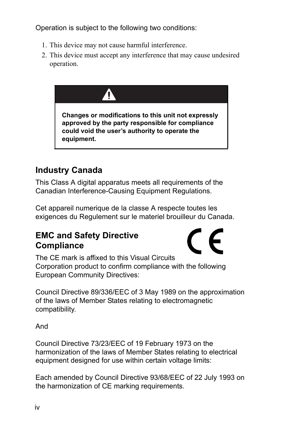 Warning, Industry canada, Emc and safety directive compliance | FOCUS Enhancements 3.2 User Manual | Page 6 / 206