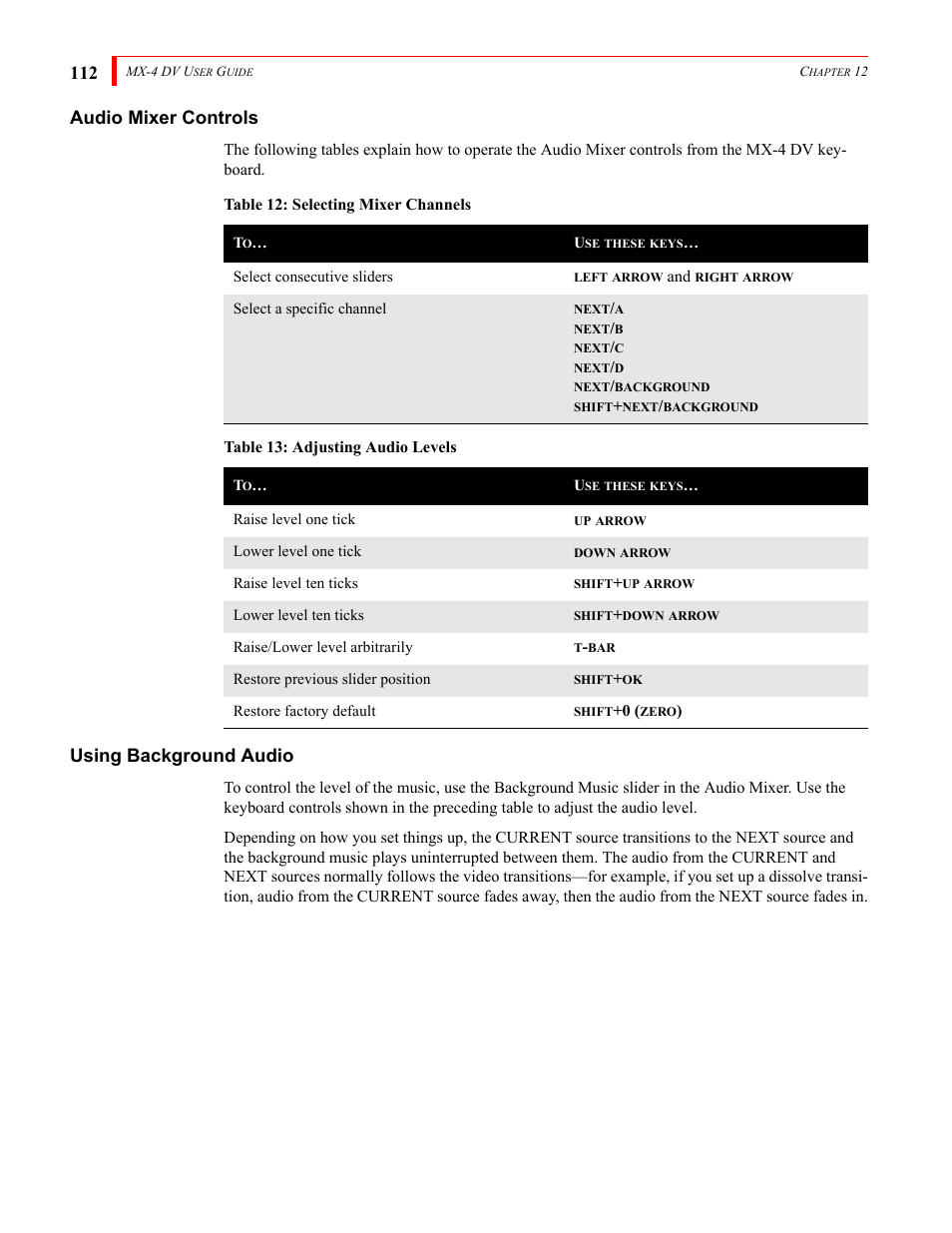 112 audio mixer controls, Using background audio | FOCUS Enhancements Bridge/Router MX-4DV User Manual | Page 116 / 170