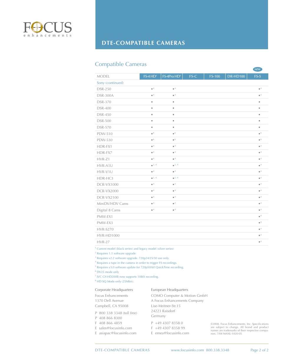 Dte-compatible cameras, Compatible cameras | FOCUS Enhancements FS-4Pro HD1 User Manual | Page 2 / 2