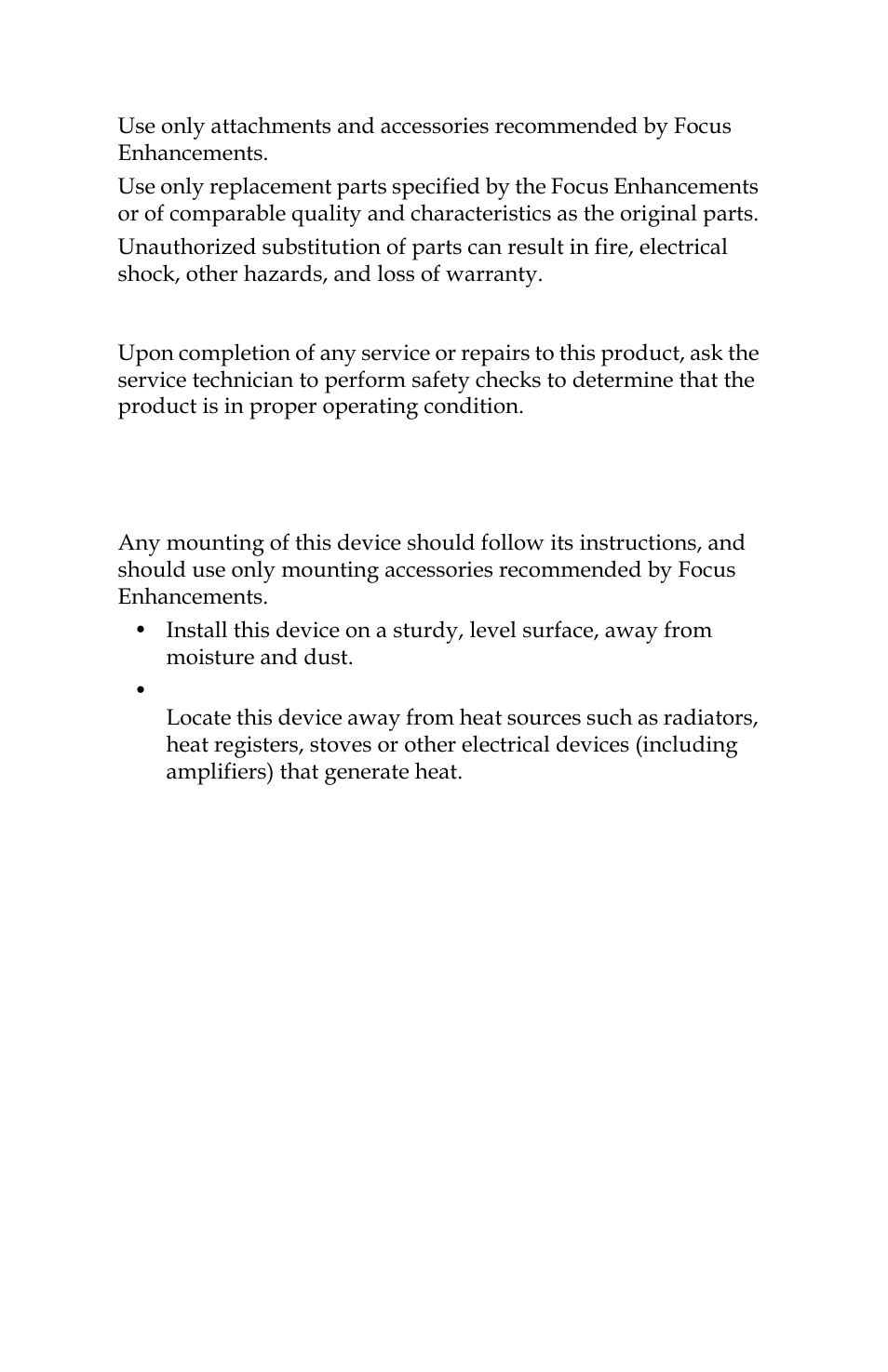 Accessories and replacement parts, Safety check, Operating environment location | Ventilation | FOCUS Enhancements FOCUS FireStore FS-4 Pro User Manual | Page 10 / 120