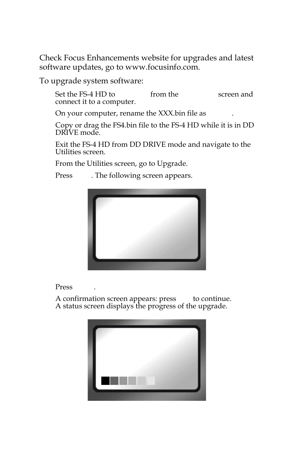 Upgrade, Upgrade 85 | FOCUS Enhancements FOCUS FireStore FS-4 Pro User Manual | Page 101 / 120
