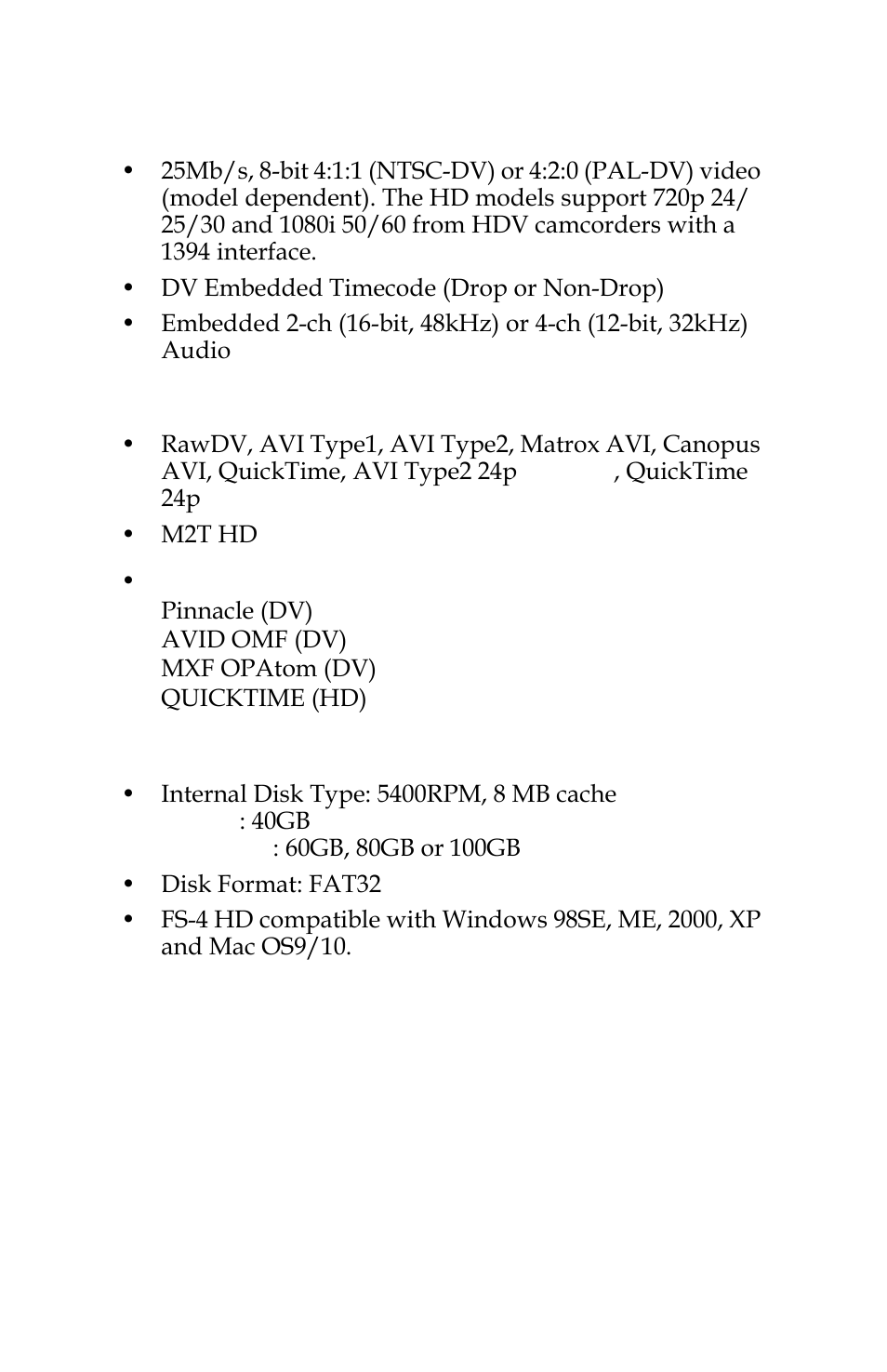 Audio/video/timecode specification, Dte file formats, Disk information | FOCUS Enhancements FOCUS FireStore FS-4 Pro User Manual | Page 116 / 120
