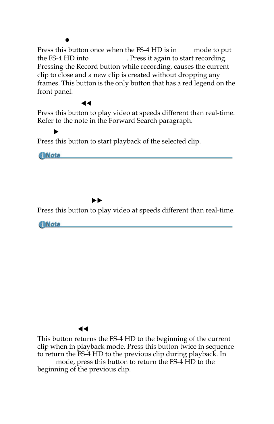 Record, Back search, Play | Forward search, Back index, Record 10 back search, Play 10 forward search | FOCUS Enhancements FOCUS FireStore FS-4 Pro User Manual | Page 26 / 120