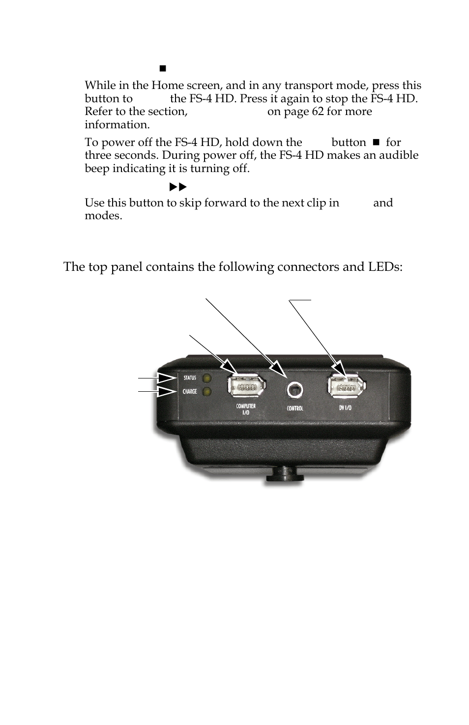 Pause, stop and power off, Forward index, Top panel | FOCUS Enhancements FOCUS FireStore FS-4 Pro User Manual | Page 27 / 120