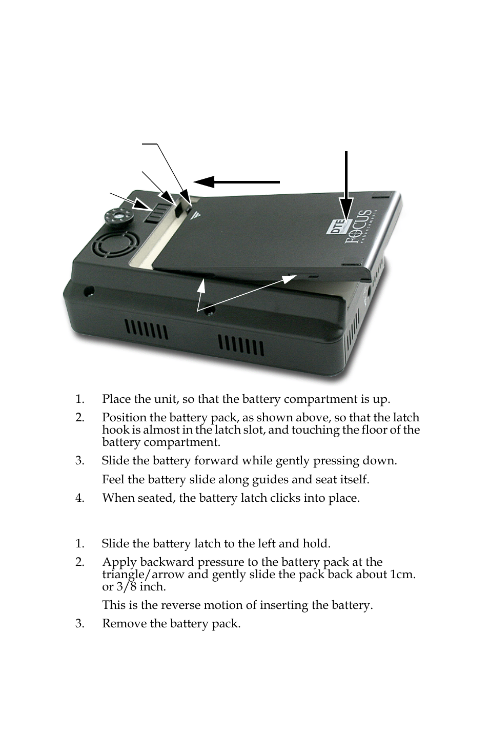 Installing / removing the battery pack, Installing a battery, Removing a battery | FOCUS Enhancements FOCUS FireStore FS-4 Pro User Manual | Page 36 / 120