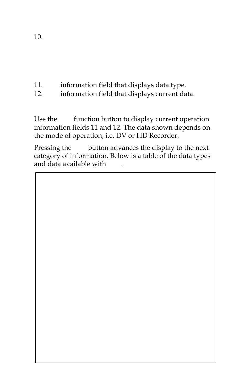 Disp (display) information fields, Information field that displays data type. 12, Information field that displays current data | Use the | FOCUS Enhancements FOCUS FireStore FS-4 Pro User Manual | Page 66 / 120