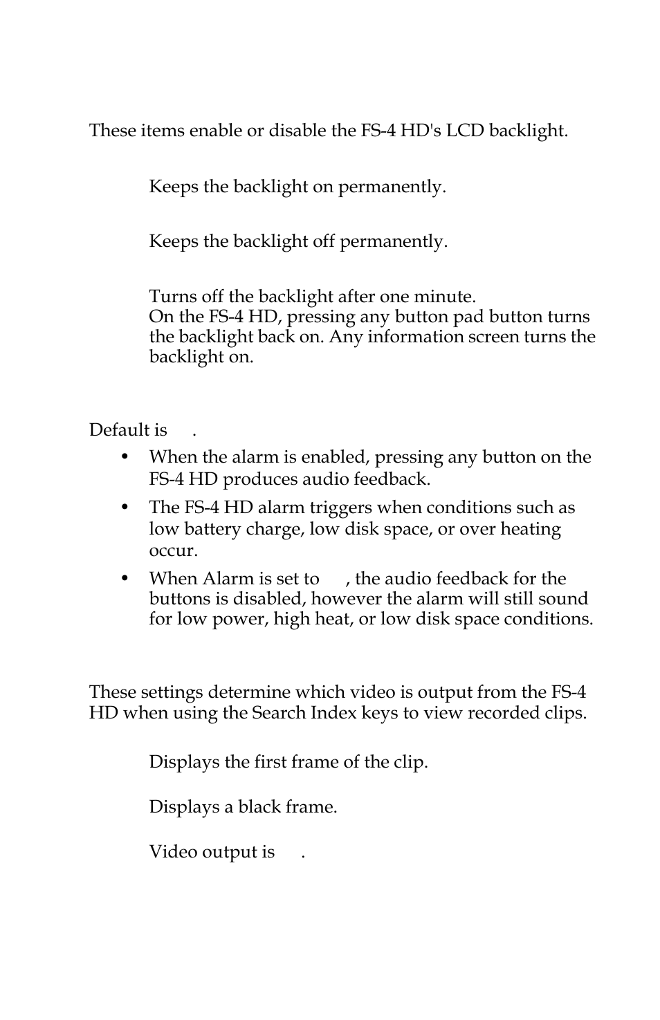 Lcd light on, off, auto, Alarm on, off, Stop frame, gray, no video | FOCUS Enhancements FOCUS FireStore FS-4 Pro User Manual | Page 81 / 120