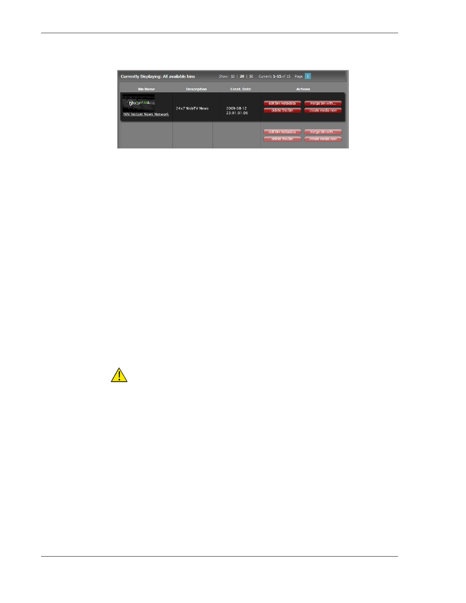 Bins, Bin name, Description | Actions, Bins 24 | FOCUS Enhancements MANL-1161-04 User Manual | Page 36 / 80
