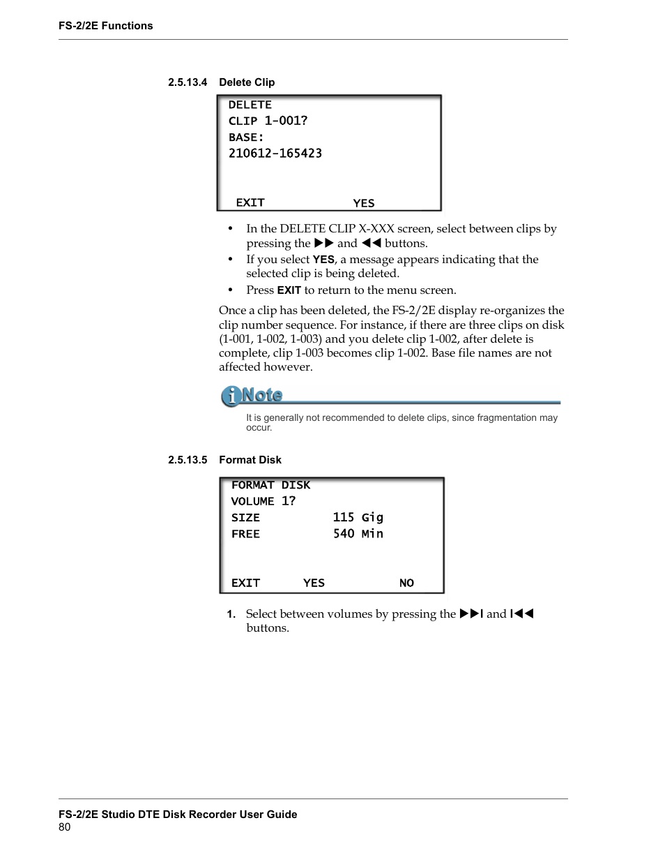 4 delete clip, 5 format disk, Delete clip | Format disk | FOCUS Enhancements FS-2 User Manual | Page 100 / 146
