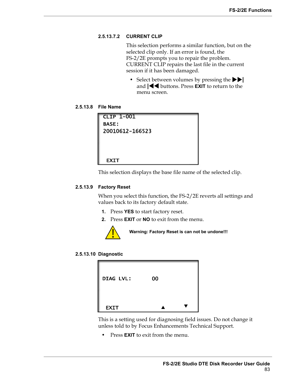 8 file name, 9 factory reset, 10 diagnostic | Current clip, File name, Factory reset, Diagnostic | FOCUS Enhancements FS-2 User Manual | Page 103 / 146
