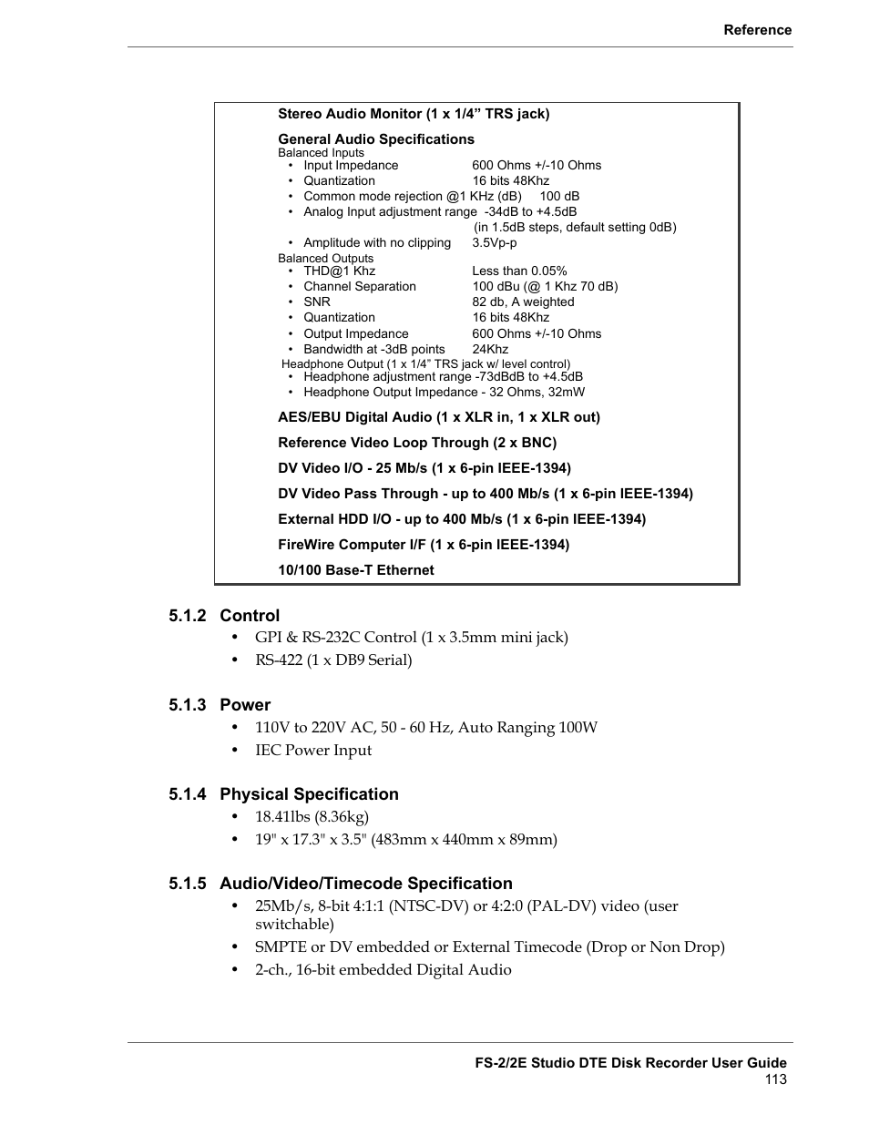 2 control, 3 power, 4 physical specification | 5 audio/video/timecode specification, Control, Power, Physical specification, Audio/video/timecode specification | FOCUS Enhancements FS-2 User Manual | Page 133 / 146