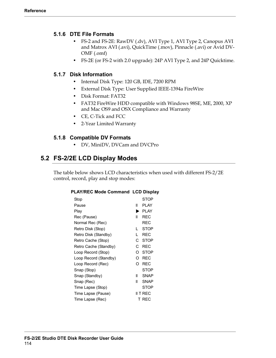 6 dte file formats, 7 disk information, 8 compatible dv formats | 2 fs-2/2e lcd display modes, Dte file formats, Disk information, Compatible dv formats, Fs-2/2e lcd display modes, Isted in | FOCUS Enhancements FS-2 User Manual | Page 134 / 146
