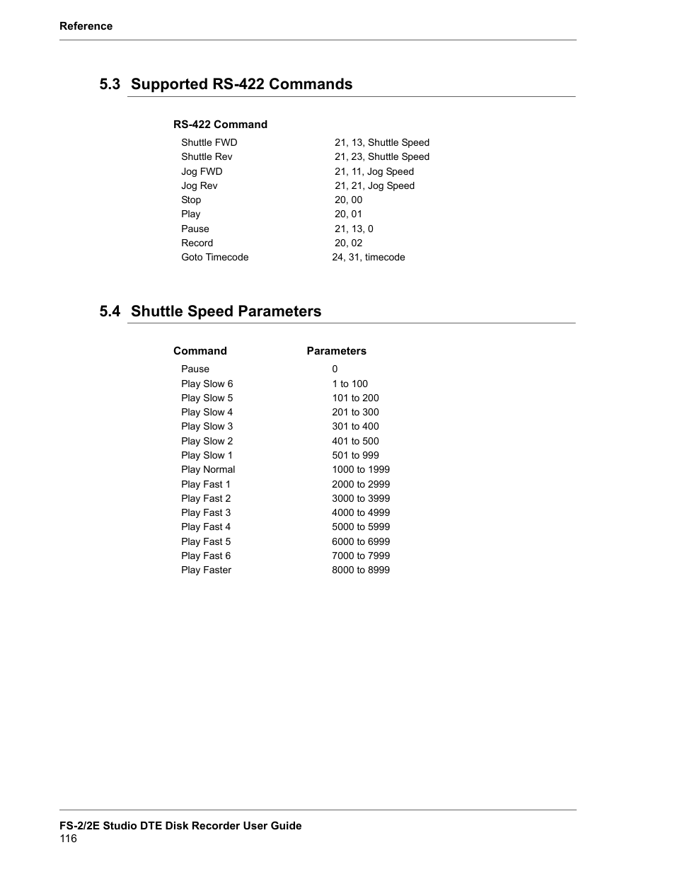 3 supported rs-422 commands, 4 shuttle speed parameters, Supported rs-422 commands | Shuttle speed parameters | FOCUS Enhancements FS-2 User Manual | Page 136 / 146
