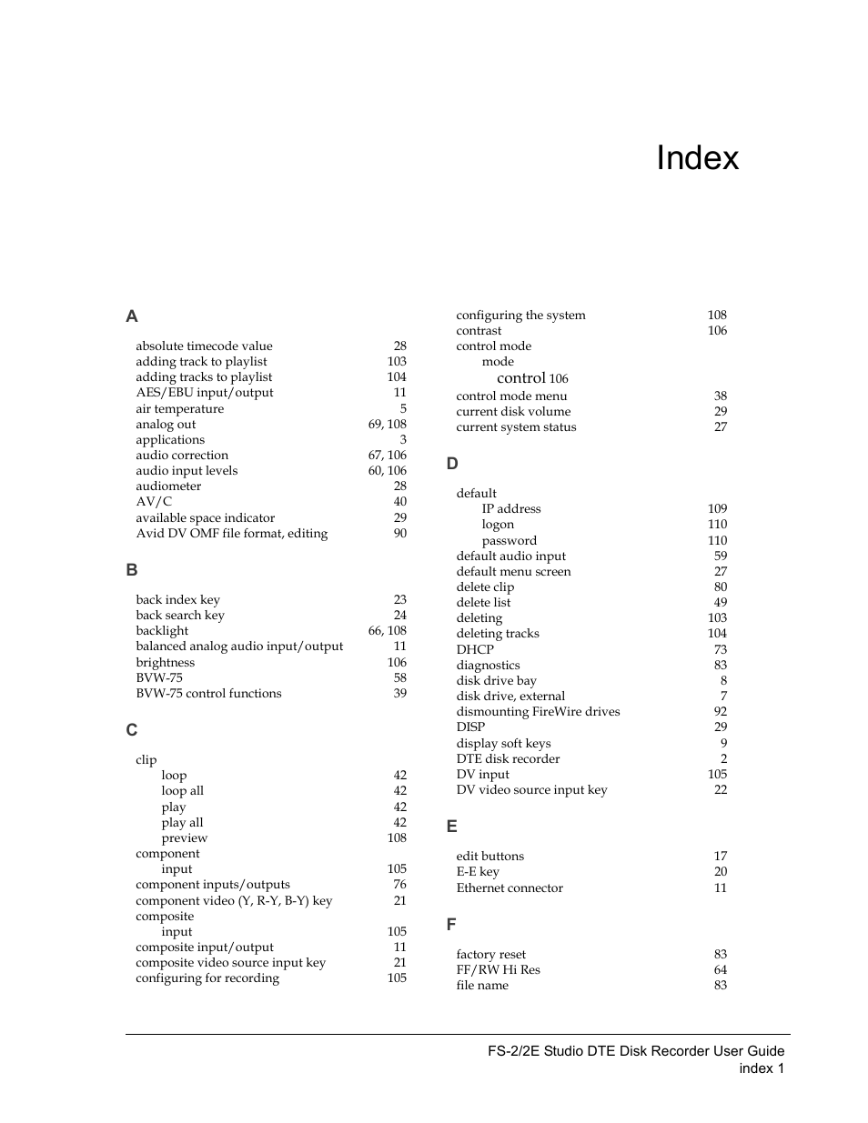 Index | FOCUS Enhancements FS-2 User Manual | Page 141 / 146