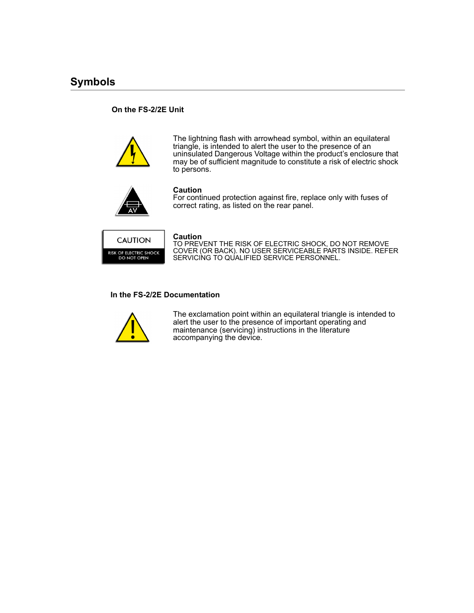Symbols | FOCUS Enhancements FS-2 User Manual | Page 2 / 146