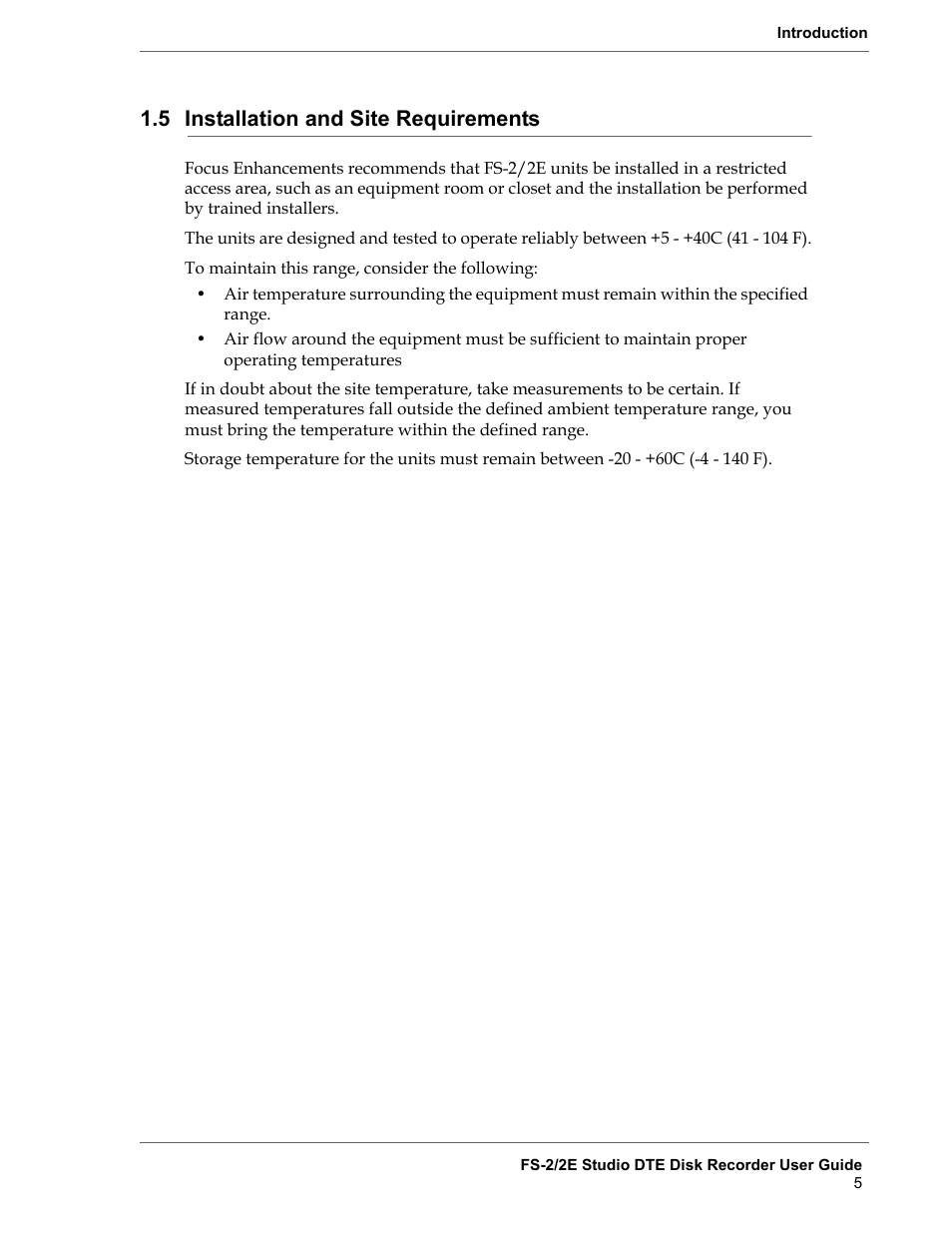 5 installation and site requirements, Installation and site requirements | FOCUS Enhancements FS-2 User Manual | Page 25 / 146