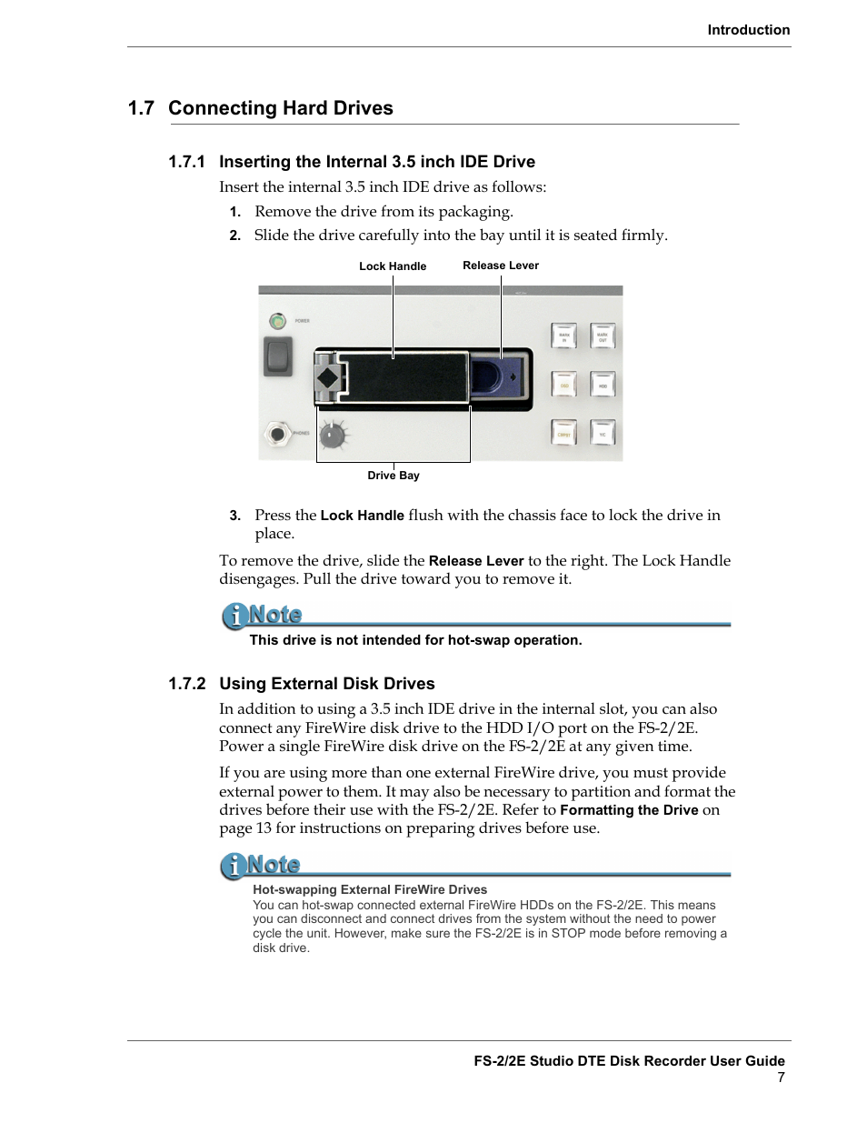 7 connecting hard drives, 1 inserting the internal 3.5 inch ide drive, 2 using external disk drives | Connecting hard drives, Inserting the internal 3.5” ide drive, Using external disk drives, Inserting the internal 3.5 inch ide drive | FOCUS Enhancements FS-2 User Manual | Page 27 / 146