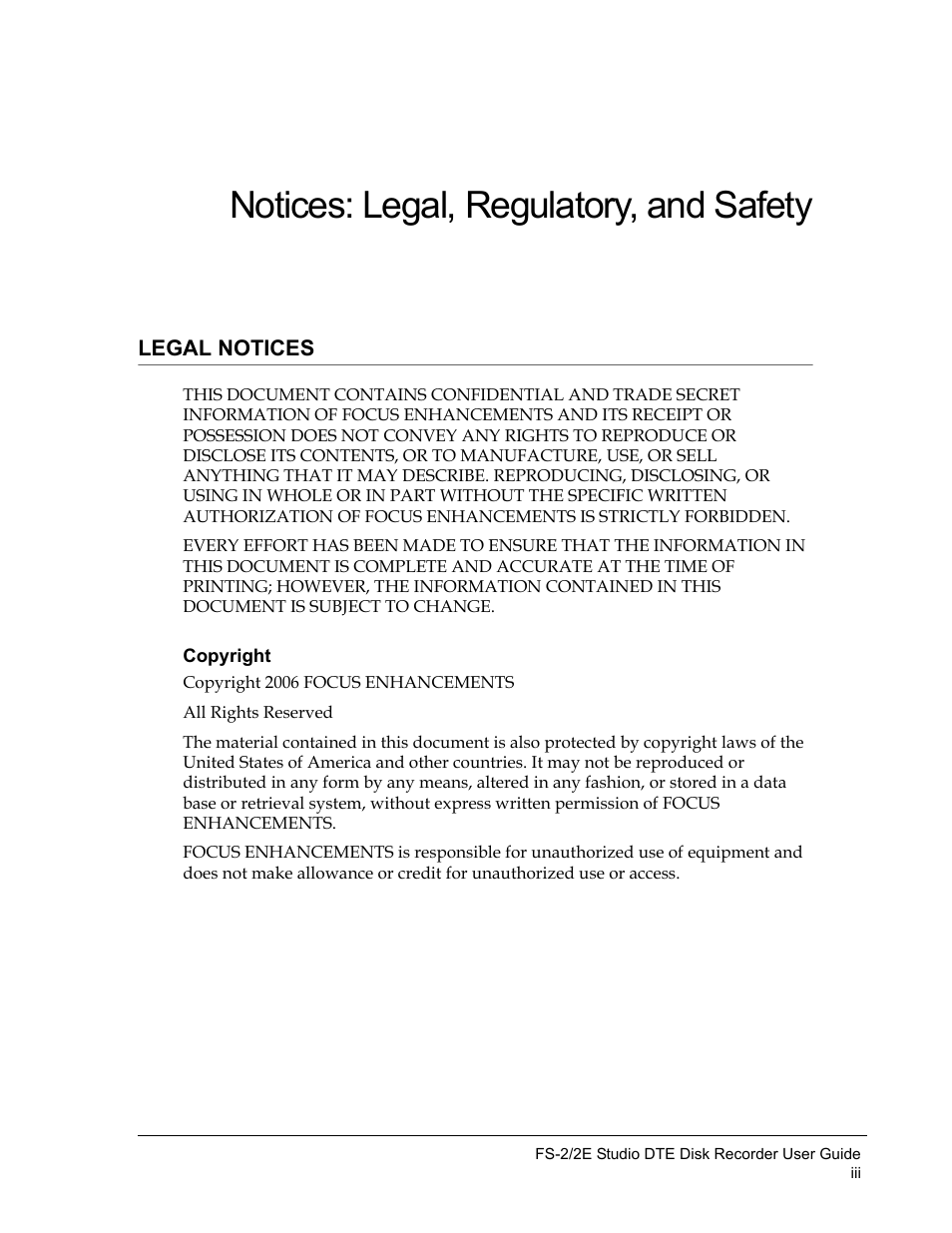 Notices: legal, regulatory, and safety | FOCUS Enhancements FS-2 User Manual | Page 3 / 146