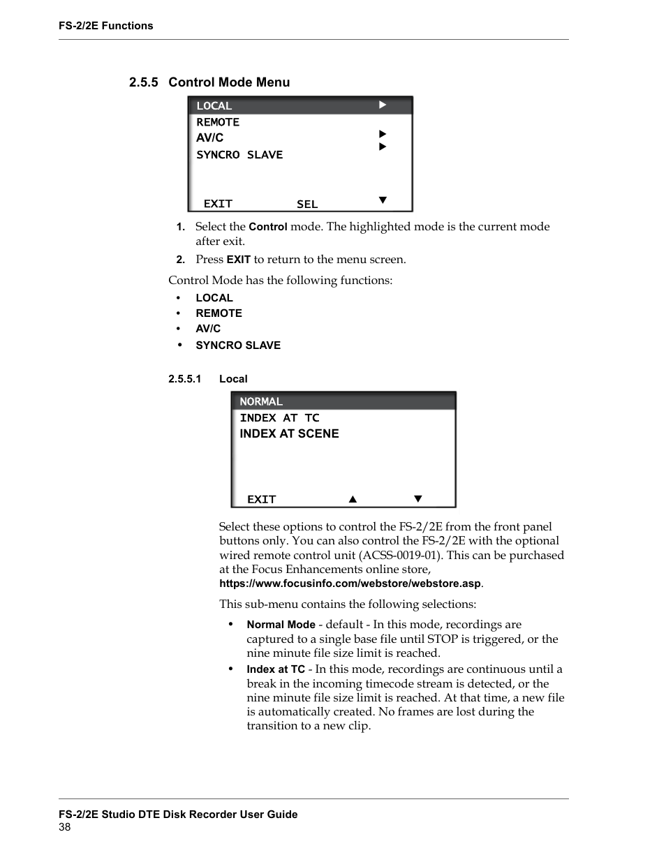 5 control mode menu, 1 local, Control mode menu | Local | FOCUS Enhancements FS-2 User Manual | Page 58 / 146
