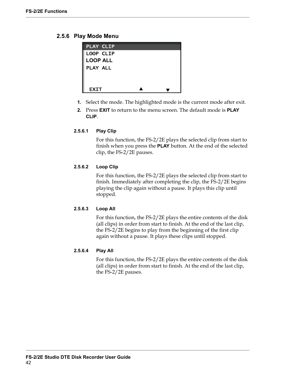 6 play mode menu, 1 play clip, 2 loop clip | 3 loop all, 4 play all, Play mode menu, Play clip, Loop clip, Loop all, Play all | FOCUS Enhancements FS-2 User Manual | Page 62 / 146
