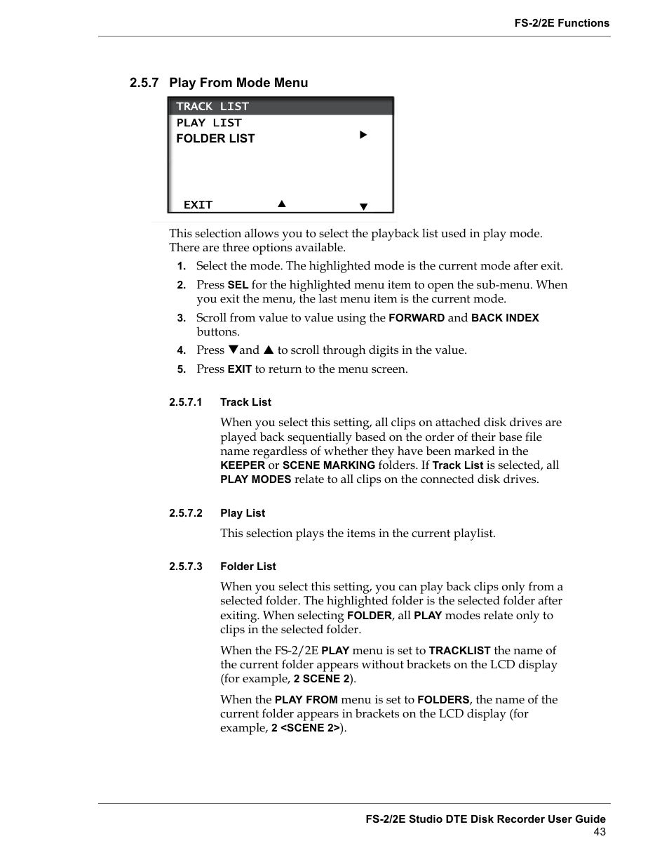 7 play from mode menu, 1 track list, 2 play list | 3 folder list, Play from mode menu, Track list, Play list, Folder list | FOCUS Enhancements FS-2 User Manual | Page 63 / 146