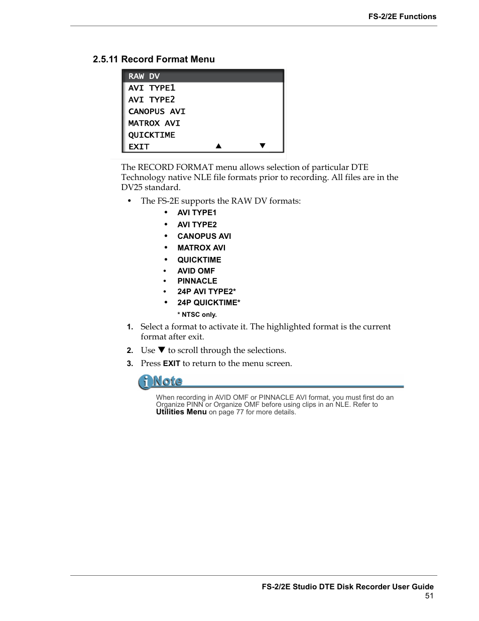 11 record format menu, Record format menu | FOCUS Enhancements FS-2 User Manual | Page 71 / 146