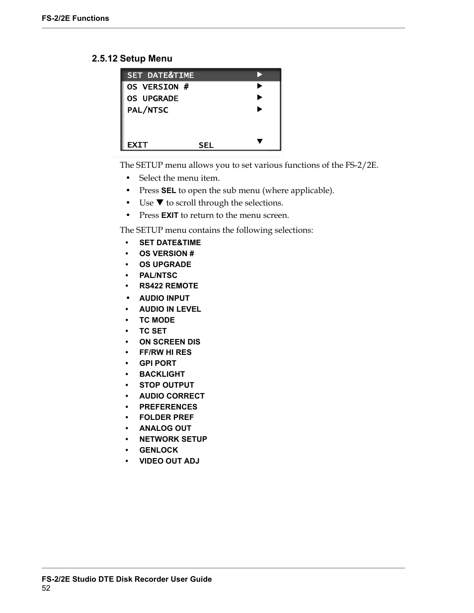 12 setup menu, Setup menu | FOCUS Enhancements FS-2 User Manual | Page 72 / 146