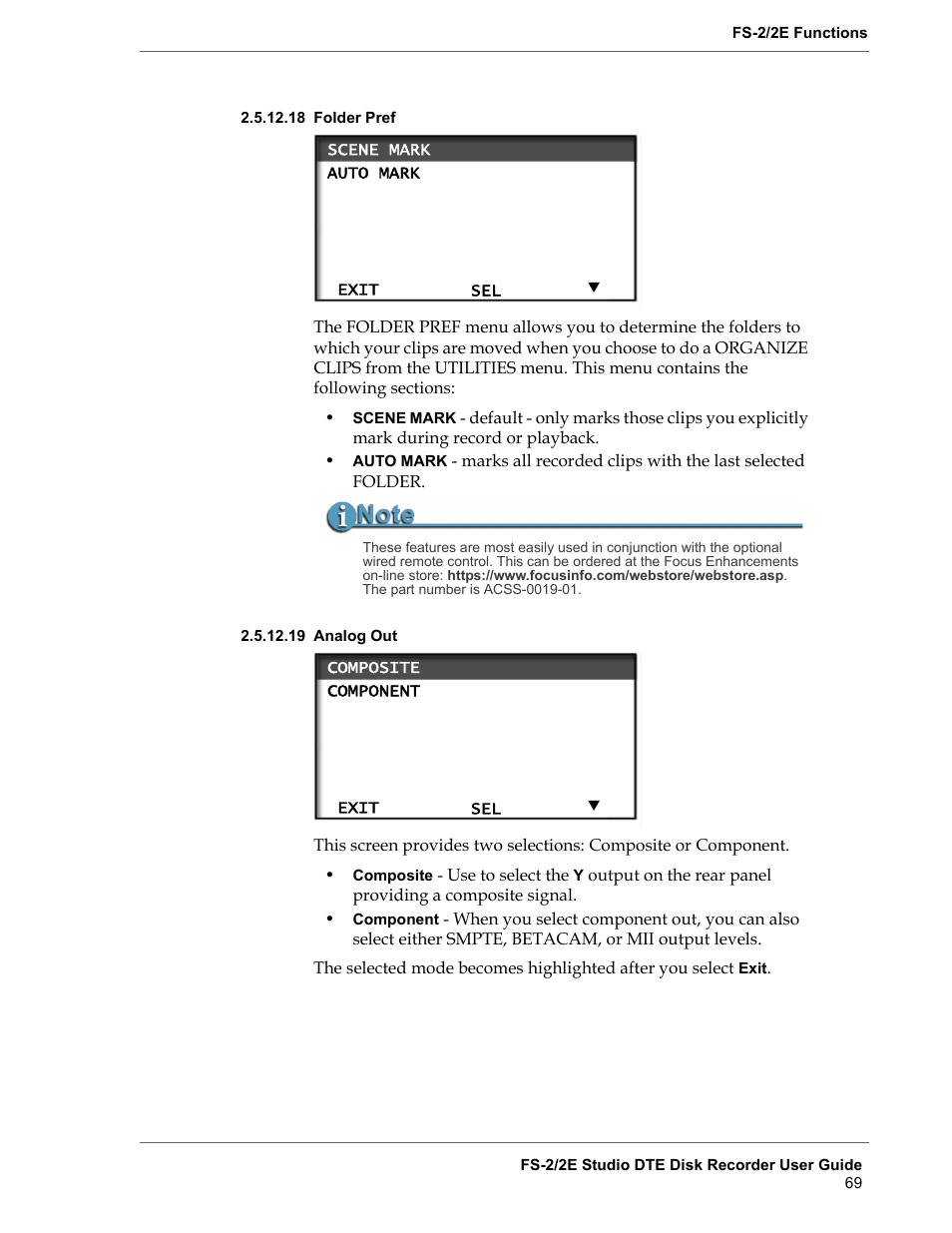 18 folder pref, 19 analog out, Folder pref | Analog out | FOCUS Enhancements FS-2 User Manual | Page 89 / 146