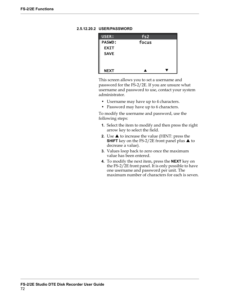 User/password 72 | FOCUS Enhancements FS-2 User Manual | Page 92 / 146