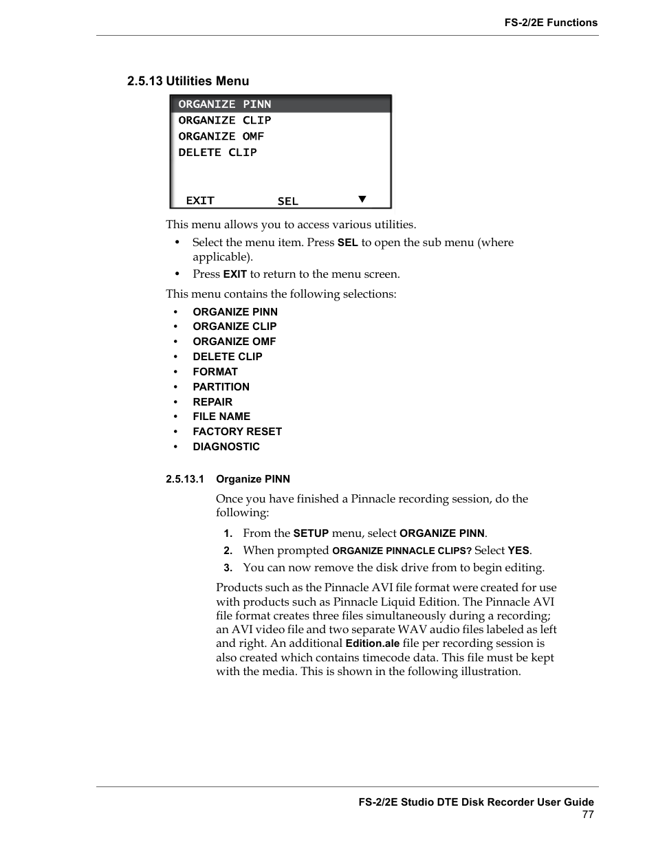 13 utilities menu, 1 organize pinn, Utilities menu | Organize pinn | FOCUS Enhancements FS-2 User Manual | Page 97 / 146