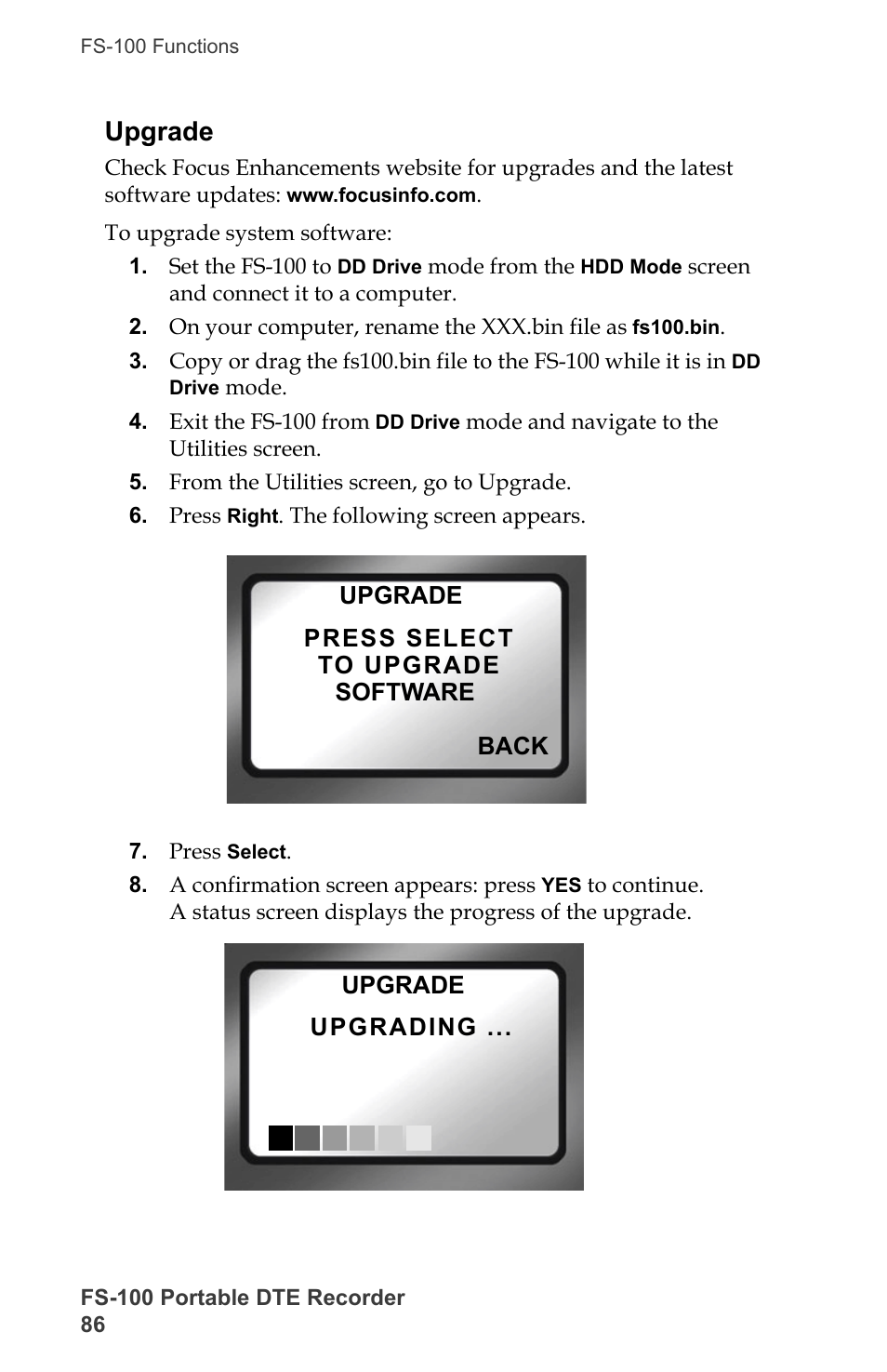 Upgrade | FOCUS Enhancements DVCPRO/DV User Manual | Page 104 / 162